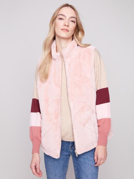 Charlie B Fall/Winter 2025-C6374-388B-Solid Reversible Quilted Faux Fur Nylon Vest-Ballet