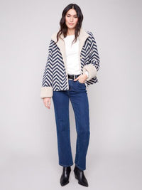Charlie B Fall/Winter 2025-C6379-642C-Chevron Boucle Short Jacket W/Sherpa Trim-Navy - The Coach Pyramids