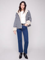 Charlie B Fall/Winter 2025-C6379-642C-Chevron Boucle Short Jacket W/Sherpa Trim-Navy