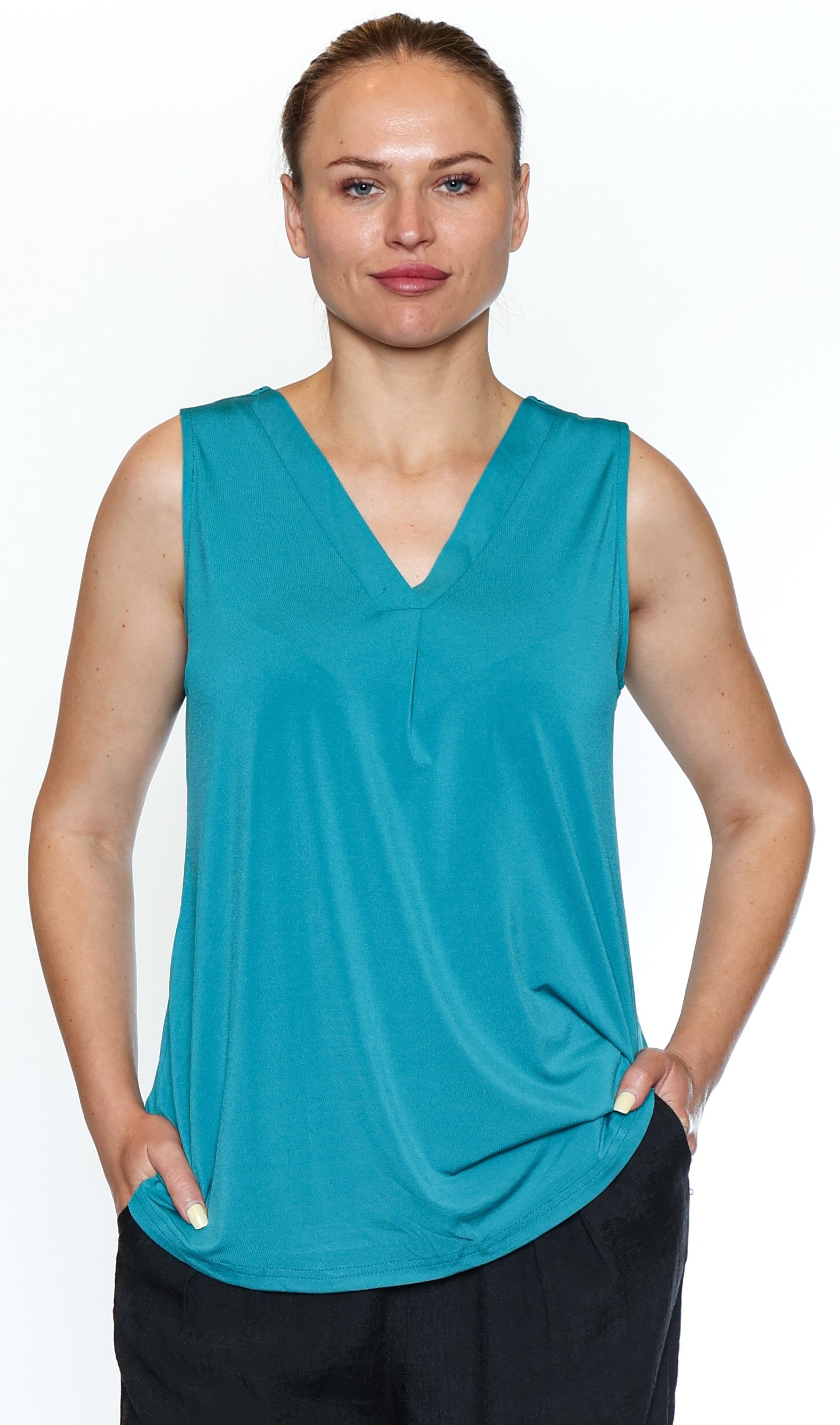 Papa Fashions-T3128/26-V Neck Flowy Tank-Teal - The Coach Pyramids