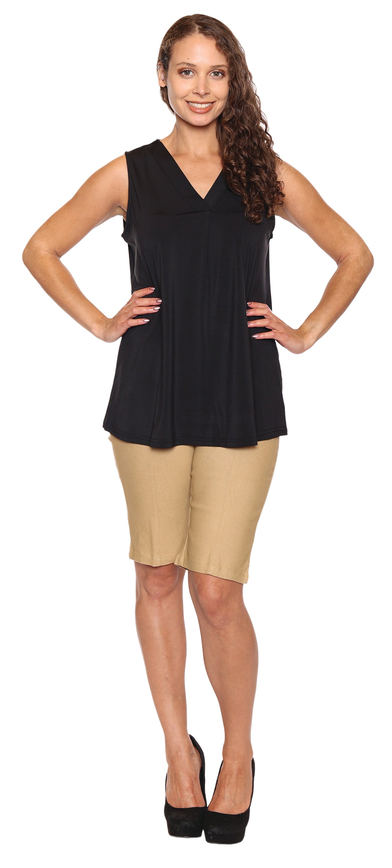 Papa Fashions-T3128-V Neck Flowy Tank-Black - The Coach Pyramids