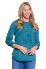 Tru Luxe-Fall/Winter 2025-T35344TM-Embroidered Slub Jersey Knit Top-Antique Green - The Coach Pyramids
