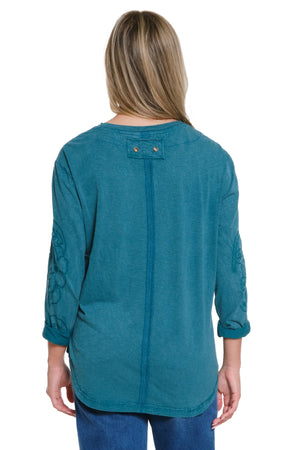 Tru Luxe-Fall/Winter 2025-T35344TM-Embroidered Slub Jersey Knit Top-Antique Green - The Coach Pyramids