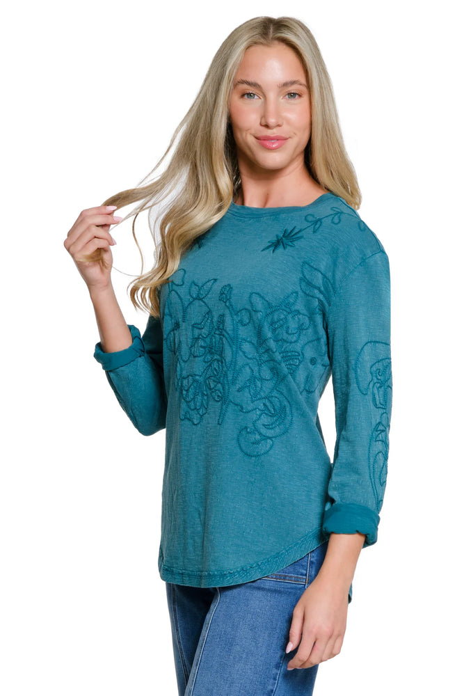 Tru Luxe-Fall/Winter 2025-T35344TM-Embroidered Slub Jersey Knit Top-Antique Green - The Coach Pyramids