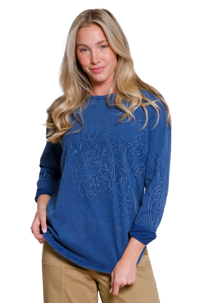 Tru Luxe-Fall/Winter 2025-T35344TM-Embroidered Slub Jersey Knit Top-Blue - The Coach Pyramids