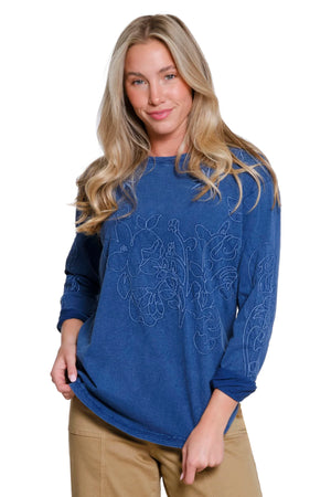 Tru Luxe-Fall/Winter 2025-T35344TM-Embroidered Slub Jersey Knit Top-Blue - The Coach Pyramids