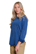 Tru Luxe-Fall/Winter 2025-T35344TM-Embroidered Slub Jersey Knit Top-Blue - The Coach Pyramids