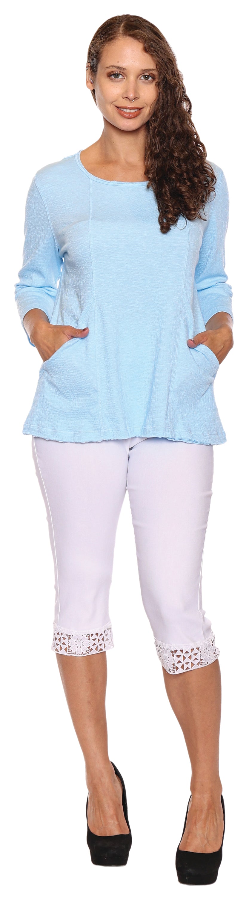 Papa Fashions Spring/Summer 2025-T4907-Slub Cotton Top W/Pockets-Blue - The Coach Pyramids