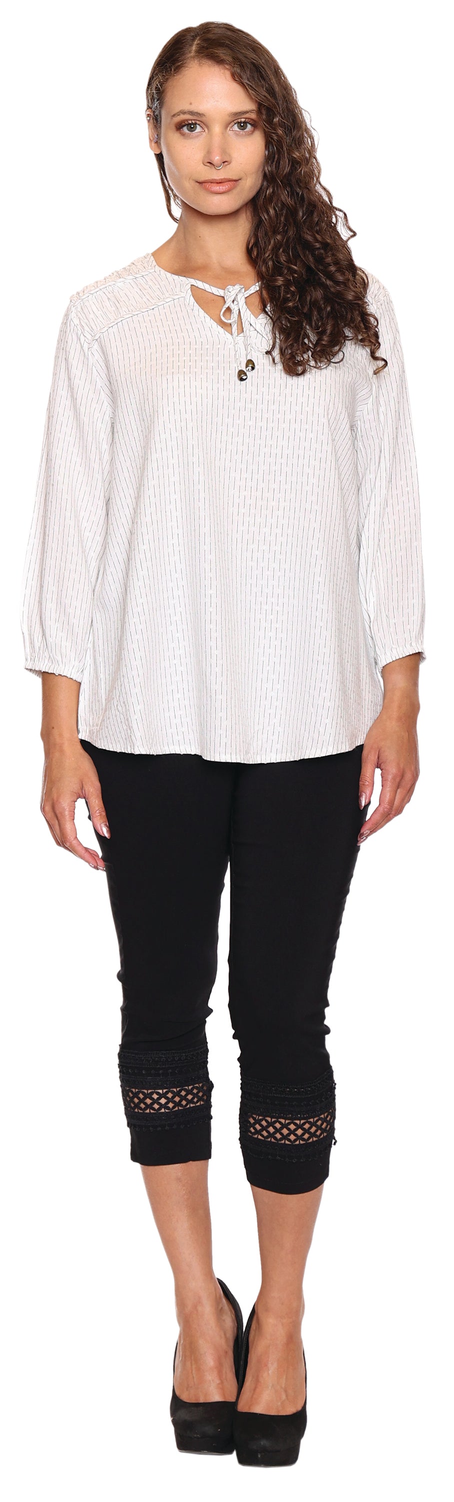 Papa Fashions Spring/Summer 2025-T4916-Printed Top W/3/4 Sleeves-White - The Coach Pyramids