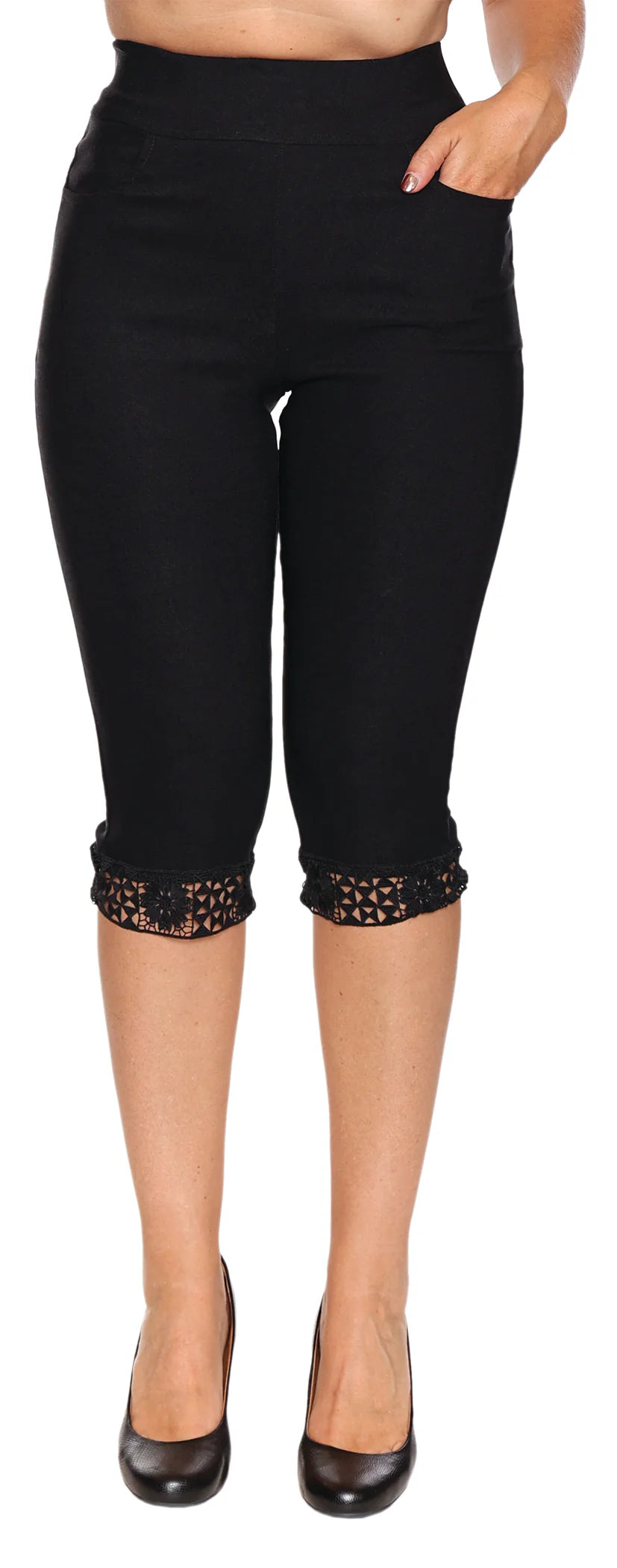Papa Fashions-T4961-Lace Bottom Capri-Black - The Coach Pyramids