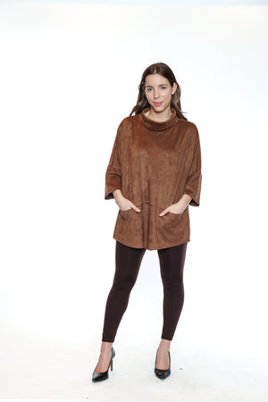 Papa Fashions Fall/Winter 2025-T5179-Faux Suede Cowl Neck Tunic W/Pockets-Camel - The Coach Pyramids