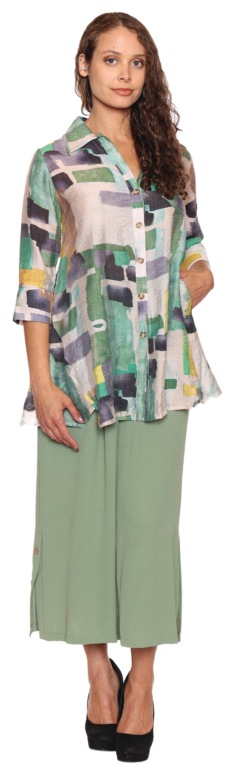 Papa Fashions Spring/Summer 2025-T5213-Printed Collared Tunic W/Button Back Detail-Multi - The Coach Pyramids