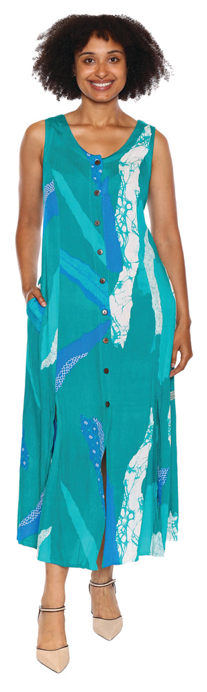 Papa Fashions Spring/Summer 2025-T5272-Crinkle Viscose Printed Dress W/Pockets-Aqua