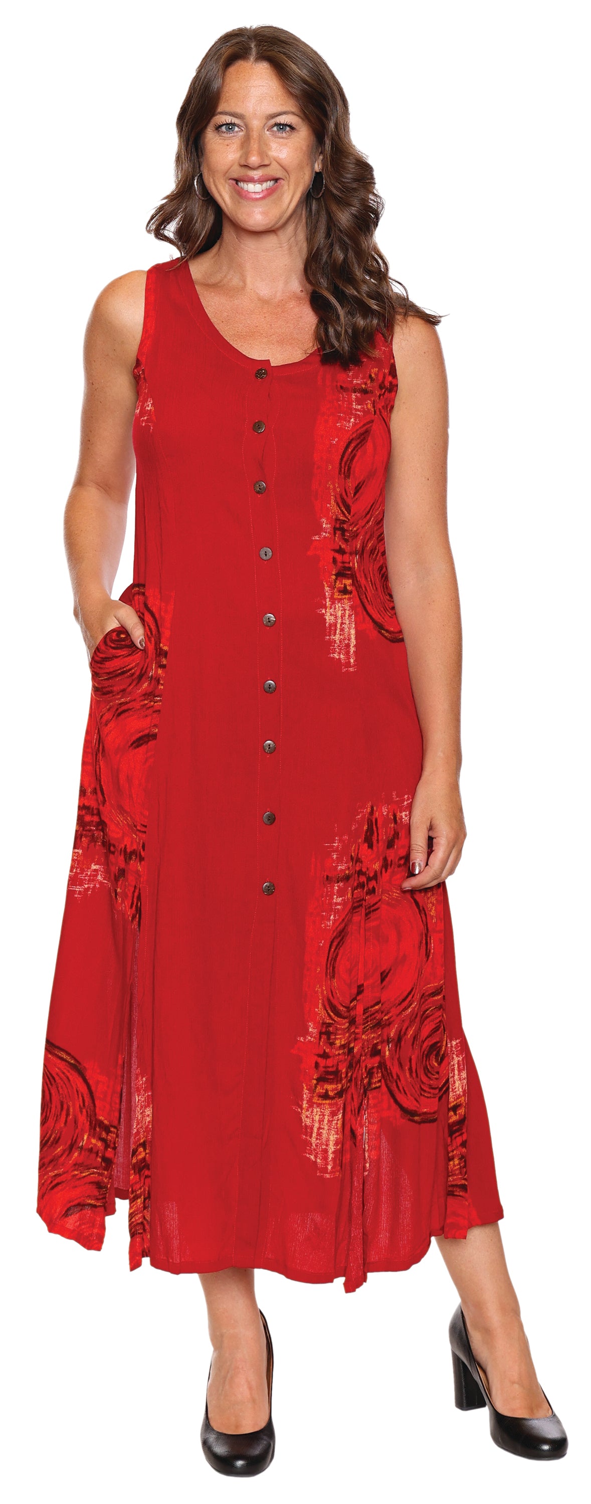 Papa Fashions Spring/Summer 2025-T5272-Crinkle Viscose Printed Dress W/Pockets-Red - The Coach Pyramids