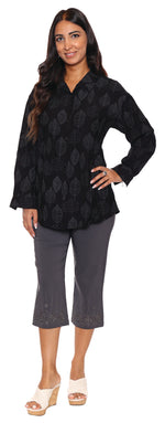 Papa Fashions Spring/Summer 2025-T5397-Printed Collared Shirt W/Double Button Detail-Black