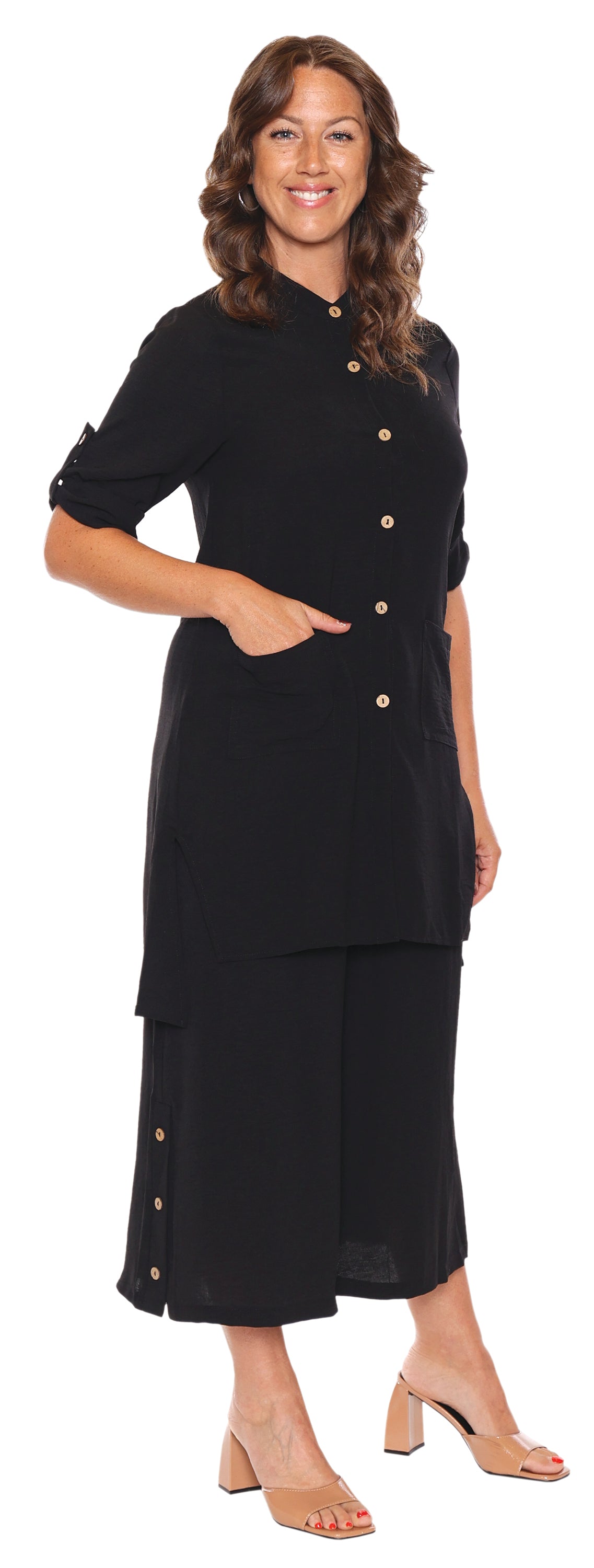 Papa Fashions Spring/Summer 2025-T5398-Coconut Button Tunic W/Collar And Slits-Black - The Coach Pyramids
