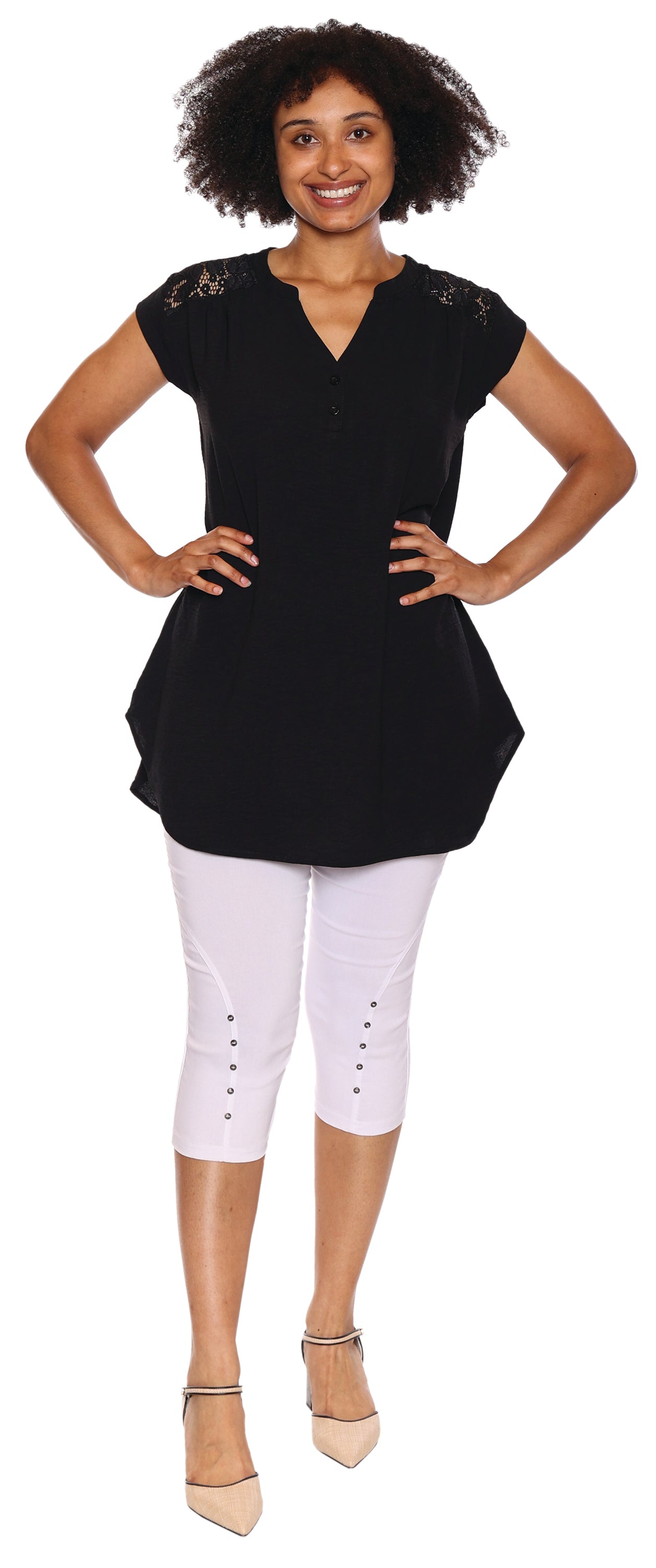 Papa Fashions Spring/Summer 2025-T5400-Short Sleeve Top W/Lace-Black - The Coach Pyramids
