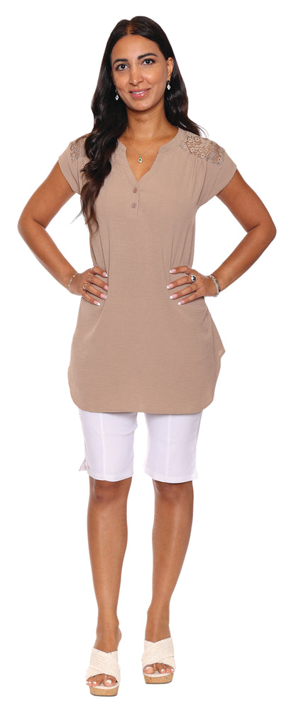 Papa Fashions Spring/Summer 2025-T5400-Short Sleeve Top W/Lace-Taupe