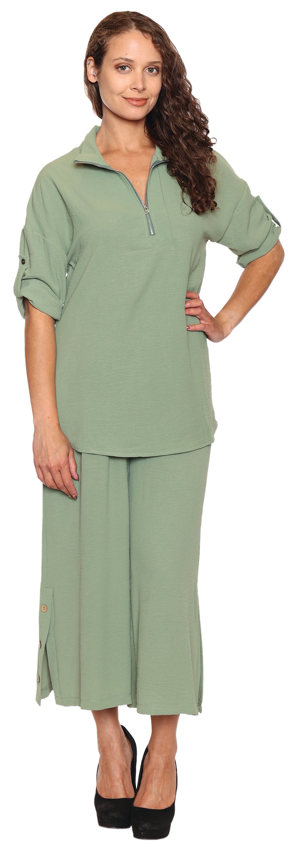 Papa Fashions Spring/Summer 2025-T5402-Zip Front Tunic W/Roll Up Sleeves-Green - The Coach Pyramids