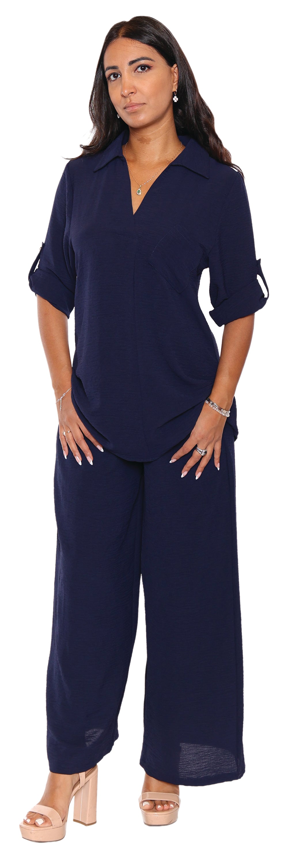 Papa Fashions Spring/Summer 2025-T5403-V Neck Top W/Pocket And Roll Up Sleeves-Navy - The Coach Pyramids