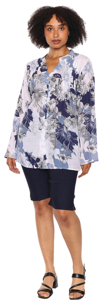 Papa Fashions Spring/Summer 2025-T5408-Pintuck Printed Tunic-Blue