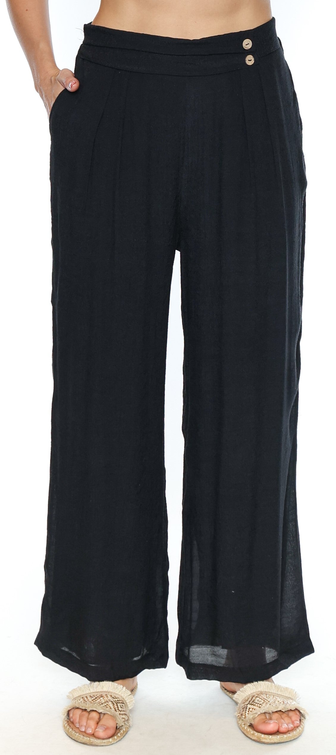 Papa Fashions-T5412-Crinkle Viscose Pant-Black - The Coach Pyramids