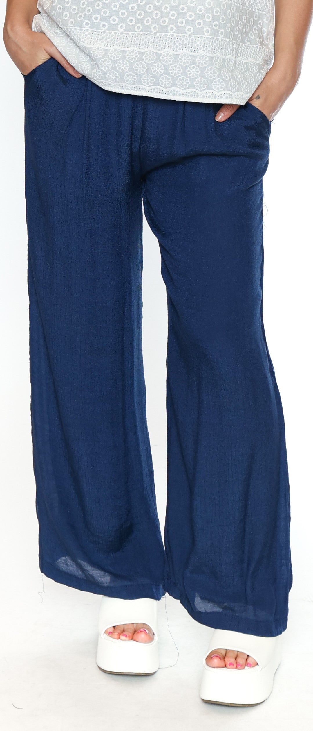Papa Fashions-T5412-Crinkle Viscose Pant-Navy - The Coach Pyramids