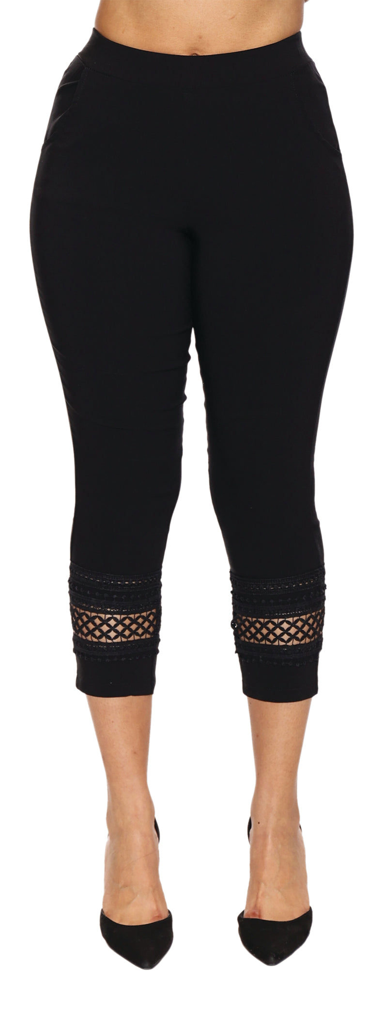 Papa Fashions Spring/Summer 2025-T5414-Lace Bottom Stretch Cotton Pant W/Pockets-Black - The Coach Pyramids