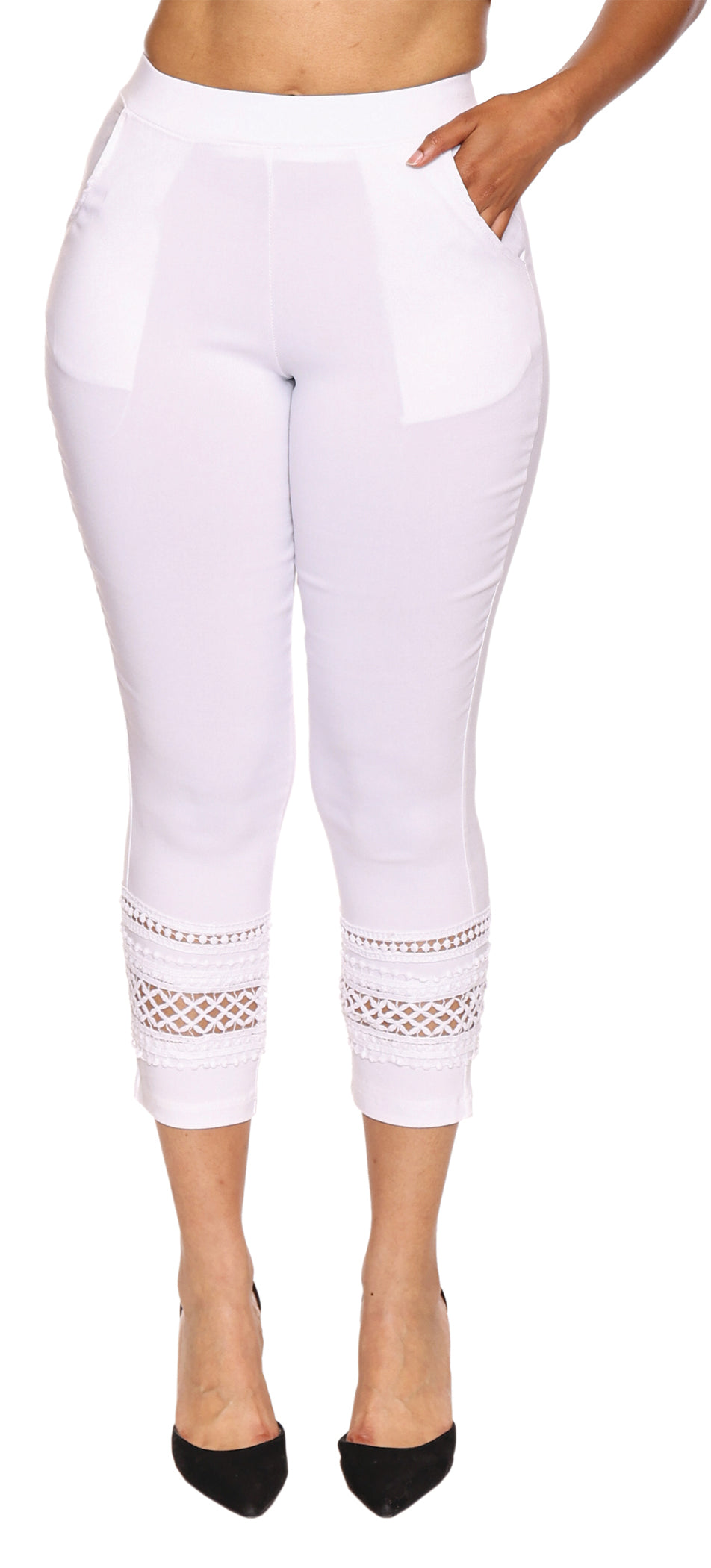 Papa Fashions Spring/Summer 2025-T5414-Lace Bottom Stretch Cotton Pant W/Pockets-White - The Coach Pyramids