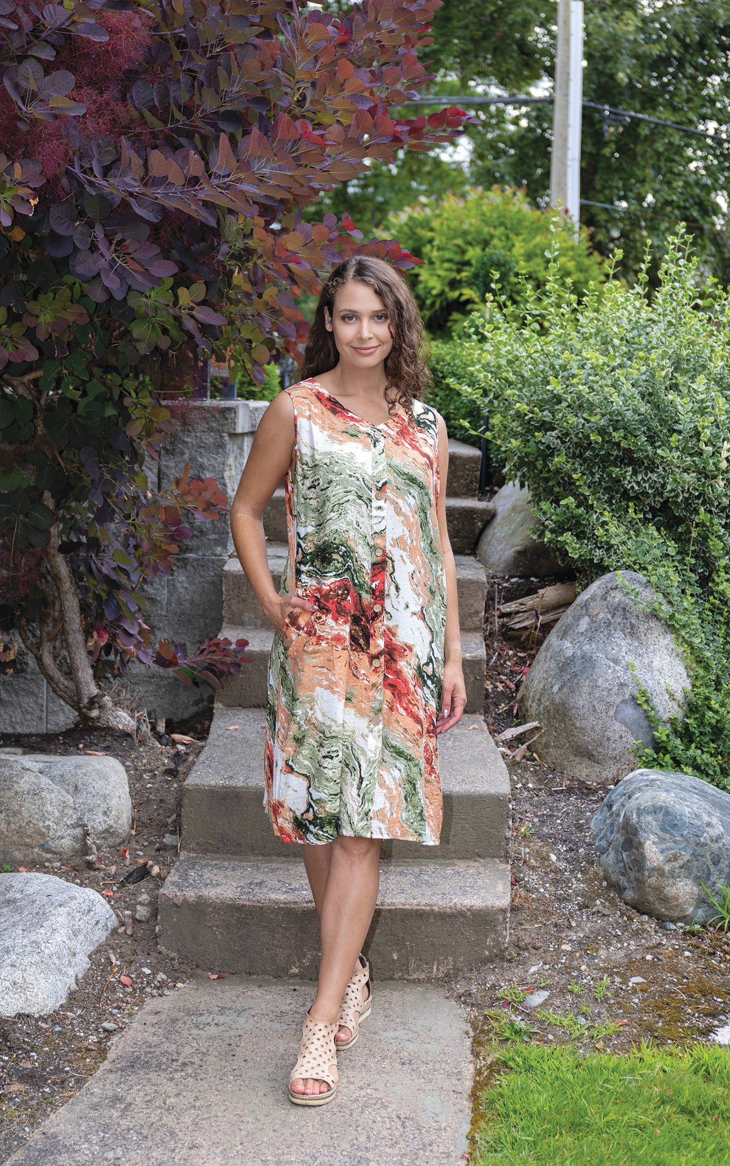 Papa Fashions Spring/Summer 2025-T5421-Printed Button Front Dress W/Pockets-Rust - The Coach Pyramids