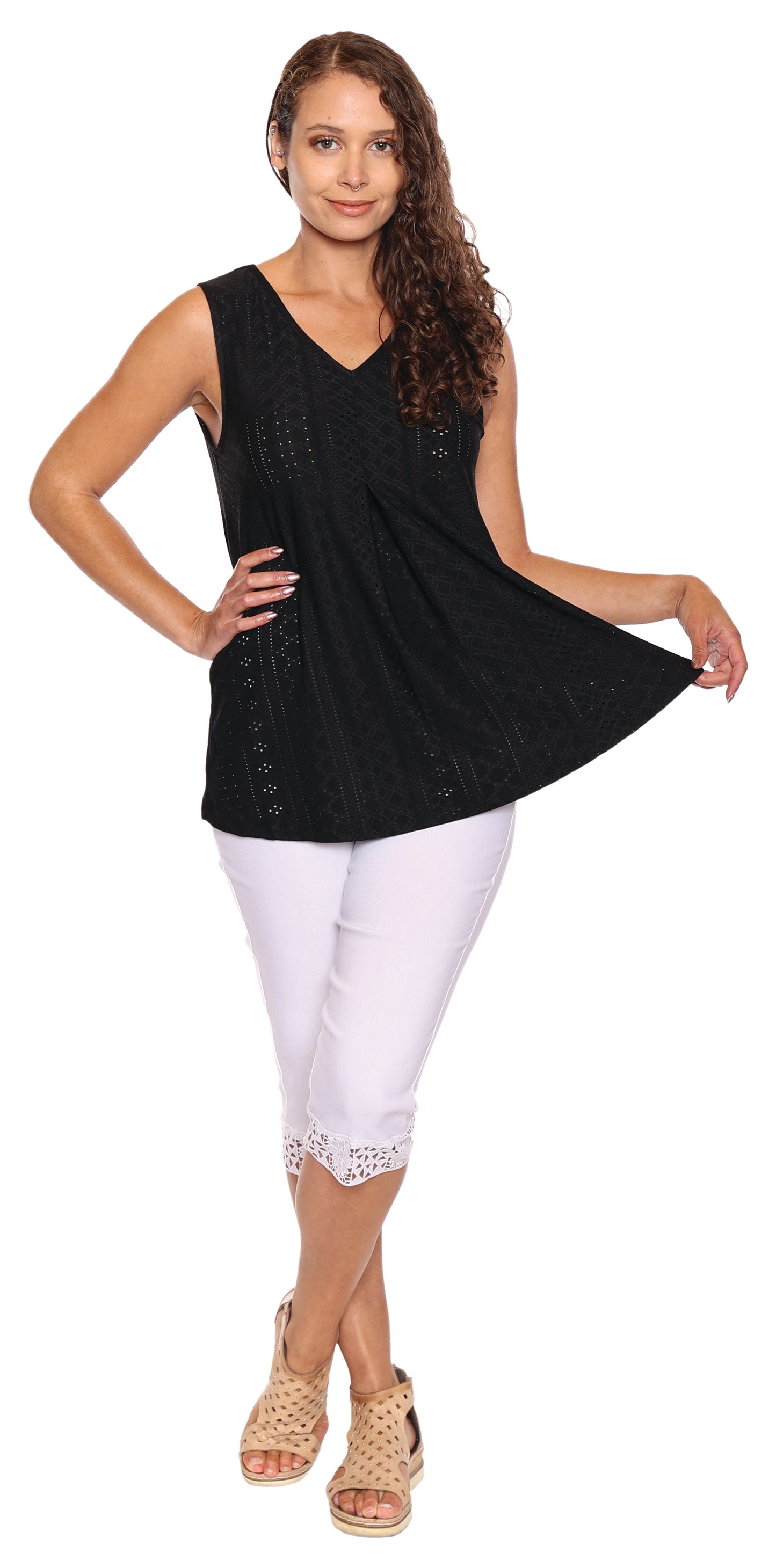 Papa Fashions Spring/Summer 2025-T5437-V Neck Layer Eye Let Tank-Black - The Coach Pyramids