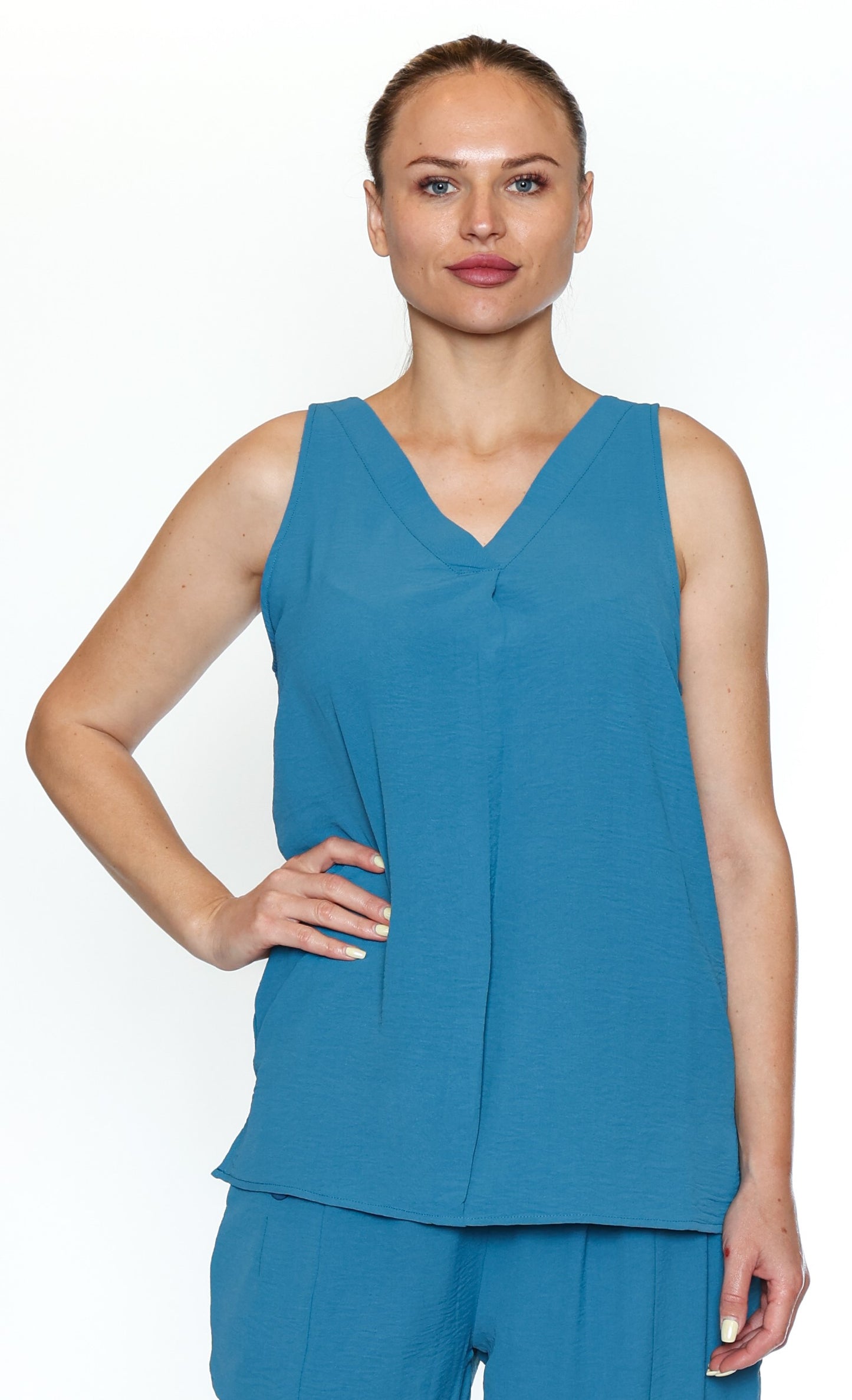 Papa Fashions-T5440/26-V Neck Tank Top-Teal - The Coach Pyramids