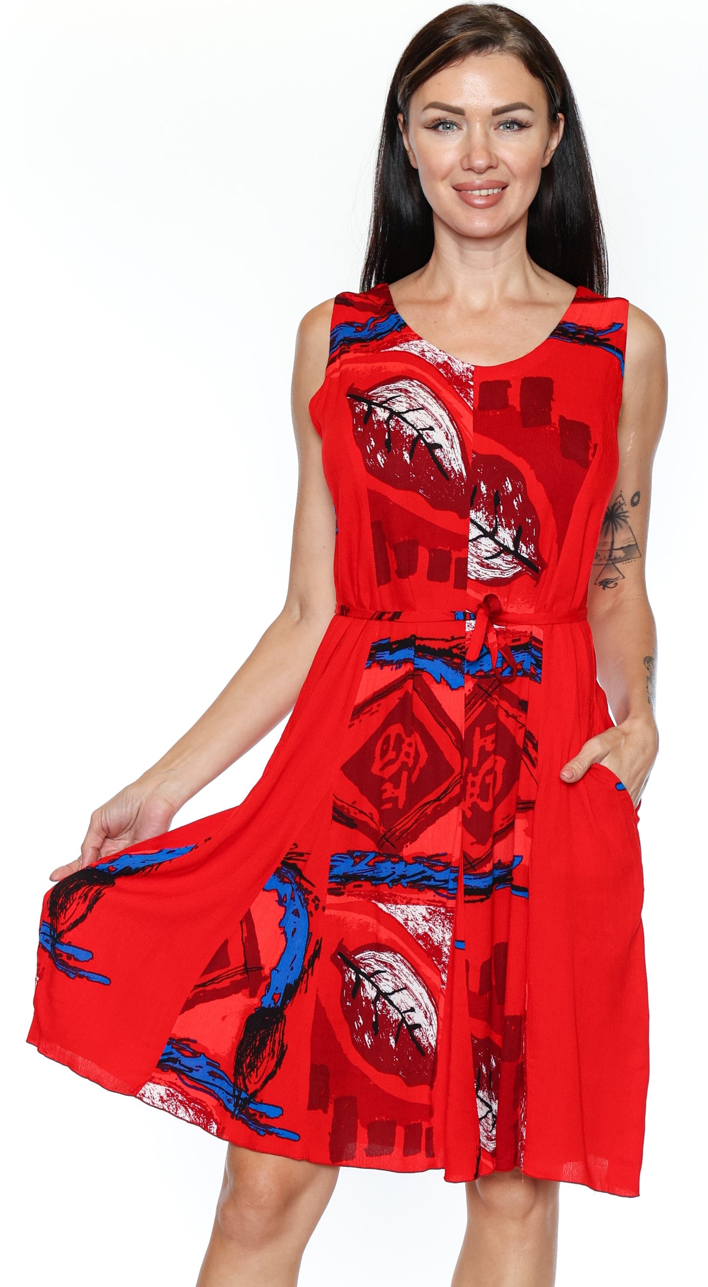Papa Fashions-T5683-Printed Dress W/Pockets And Tie Back-Red - The Coach Pyramids