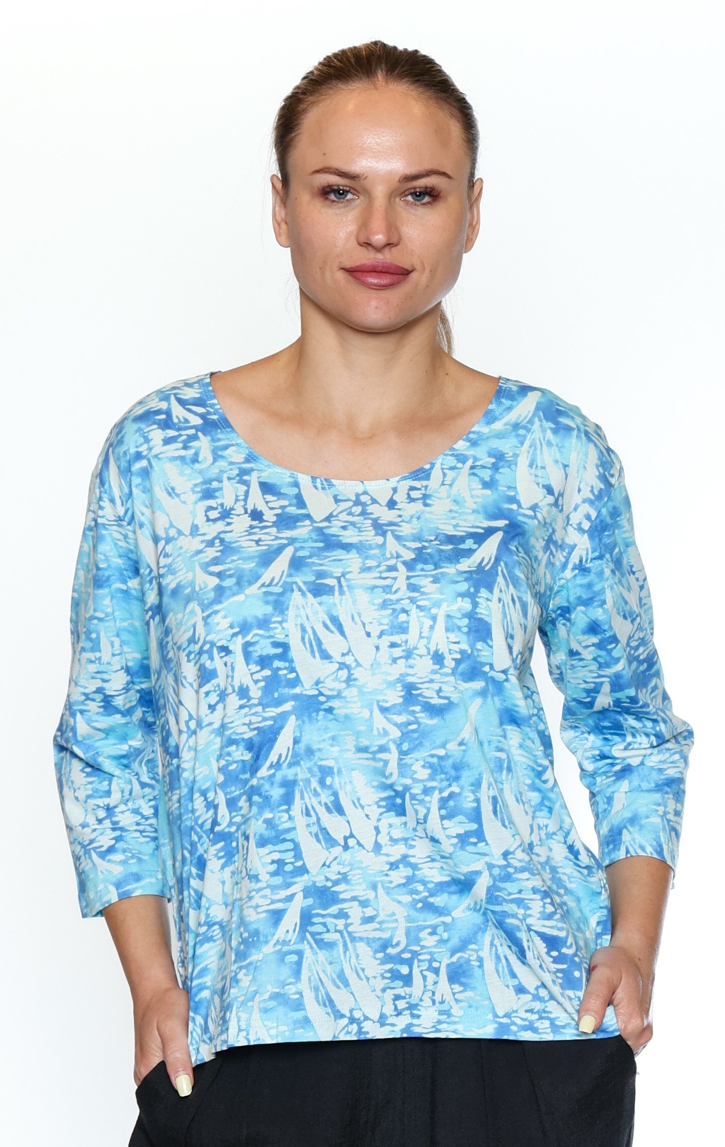 Papa Fashions-T5690-Printed Rayon Top-Turquoise - The Coach Pyramids