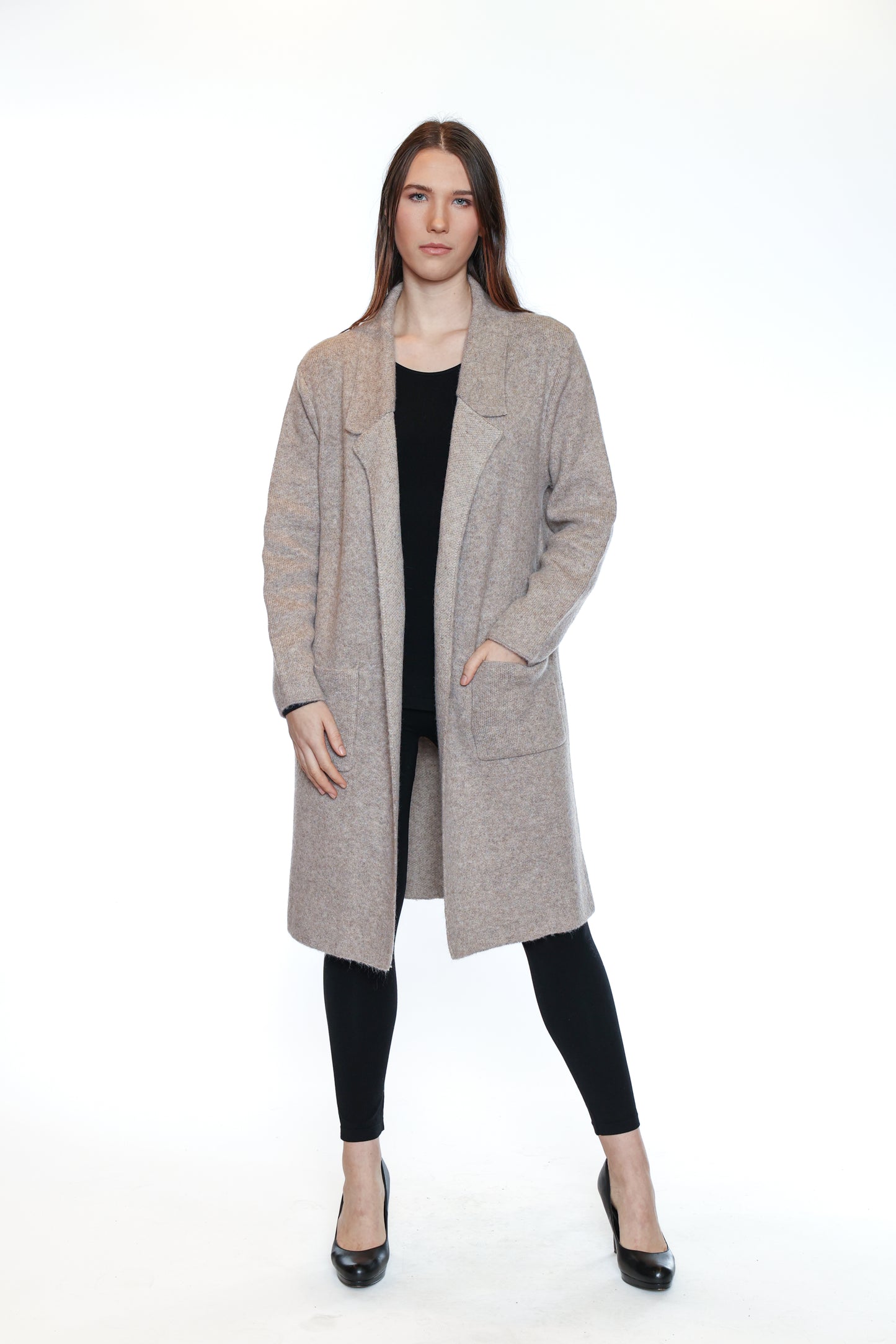 Papa Fashions Fall/Winter 2025-T5712-Long Open Cardigan W/Pockets-Taupe - The Coach Pyramids