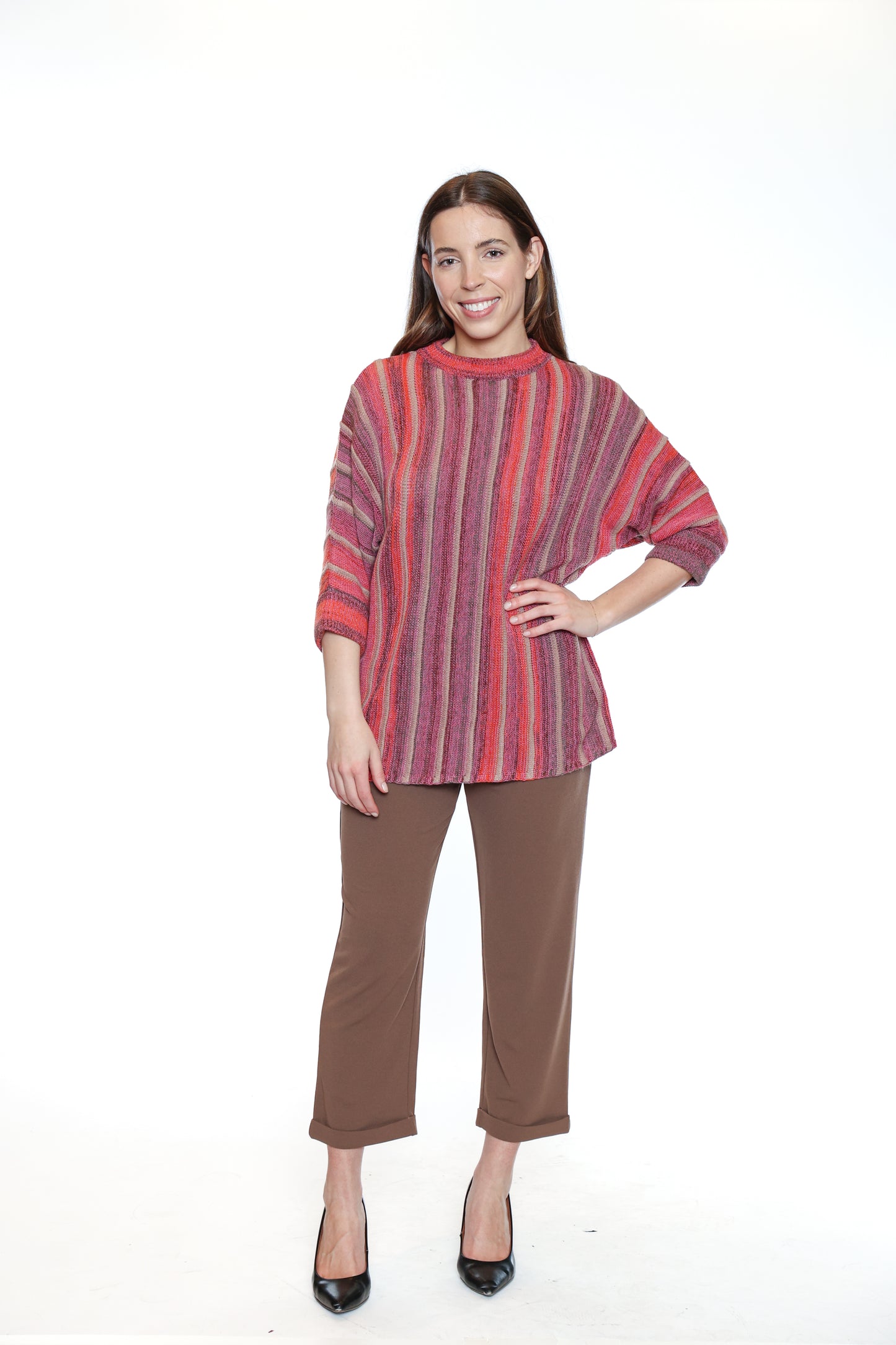 Papa Fashions Fall/Winter 2025-T5717-Striped 3/4 Sleeve Sweater-Multi - The Coach Pyramids