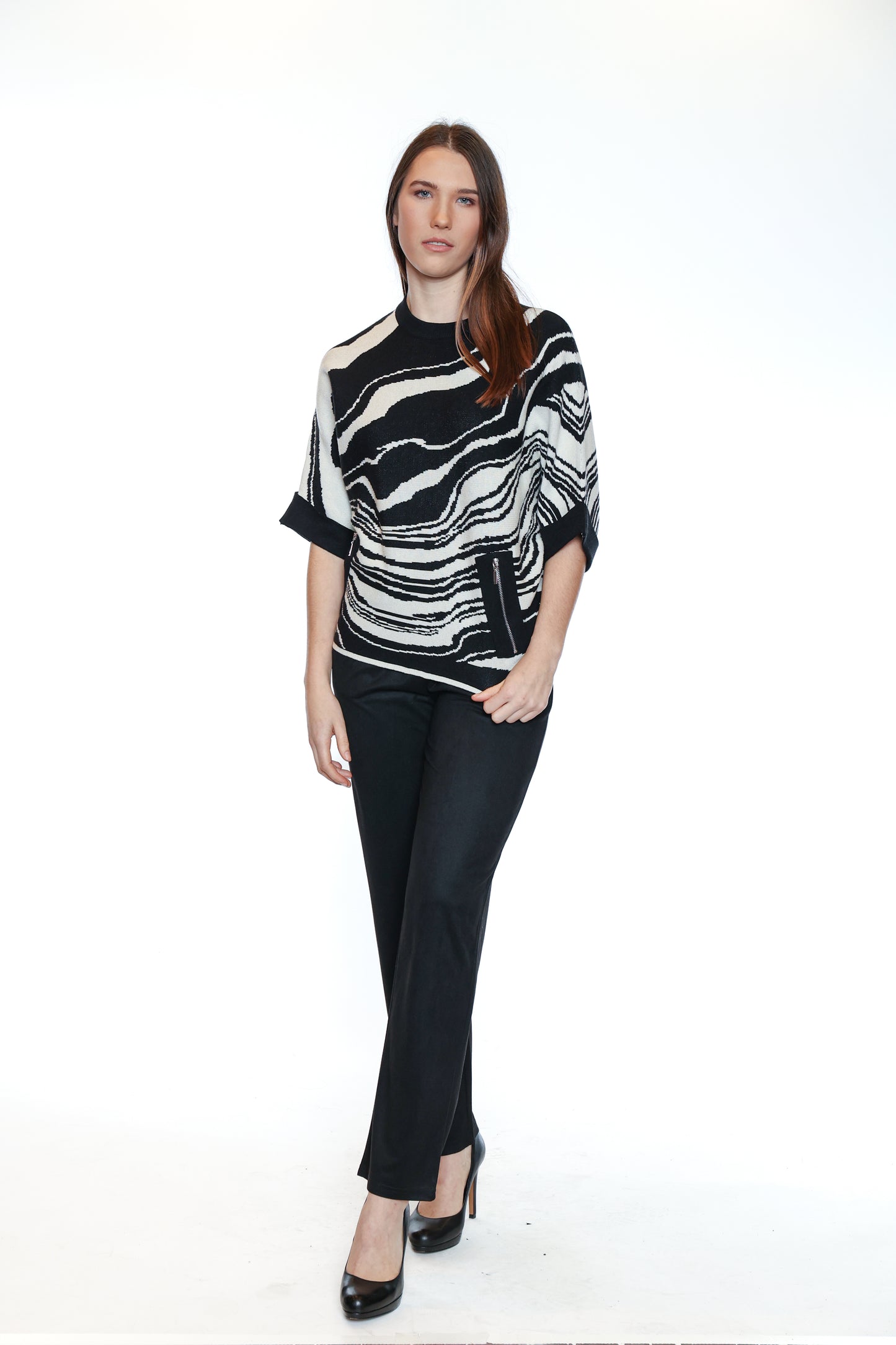 Papa Fashions Fall/Winter 2025-T5719-Knitted Marble Sweater W/Zipper Detail-Black - The Coach Pyramids