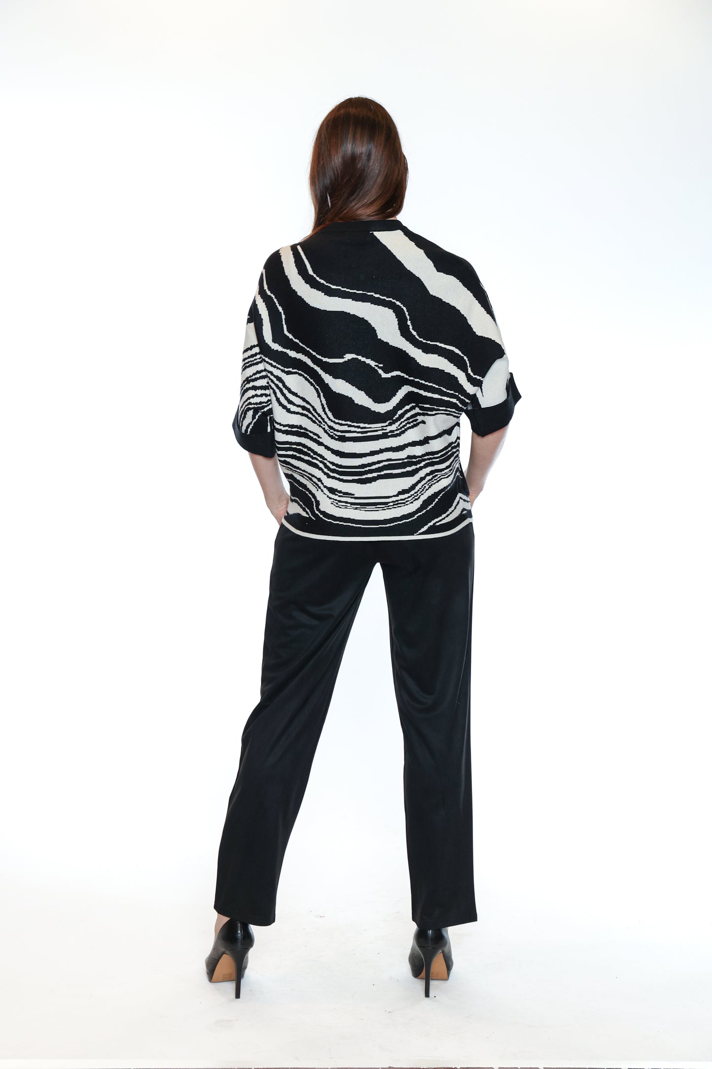Papa Fashions Fall/Winter 2025-T5719-Knitted Marble Sweater W/Zipper Detail-Black - The Coach Pyramids