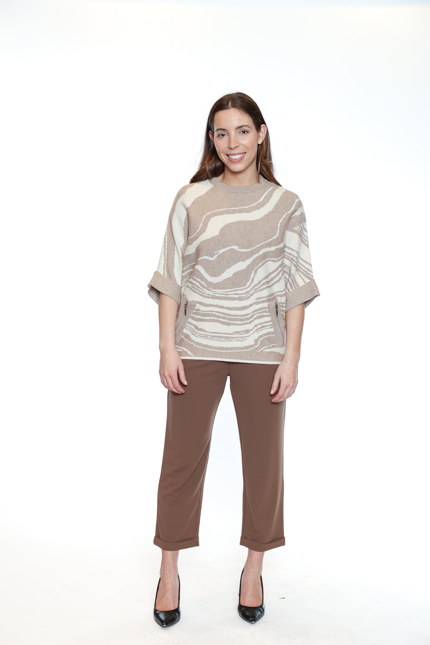 Papa Fashions Fall/Winter 2025-T5719-Knitted Marble Sweater W/Zipper Detail-Cream - The Coach Pyramids