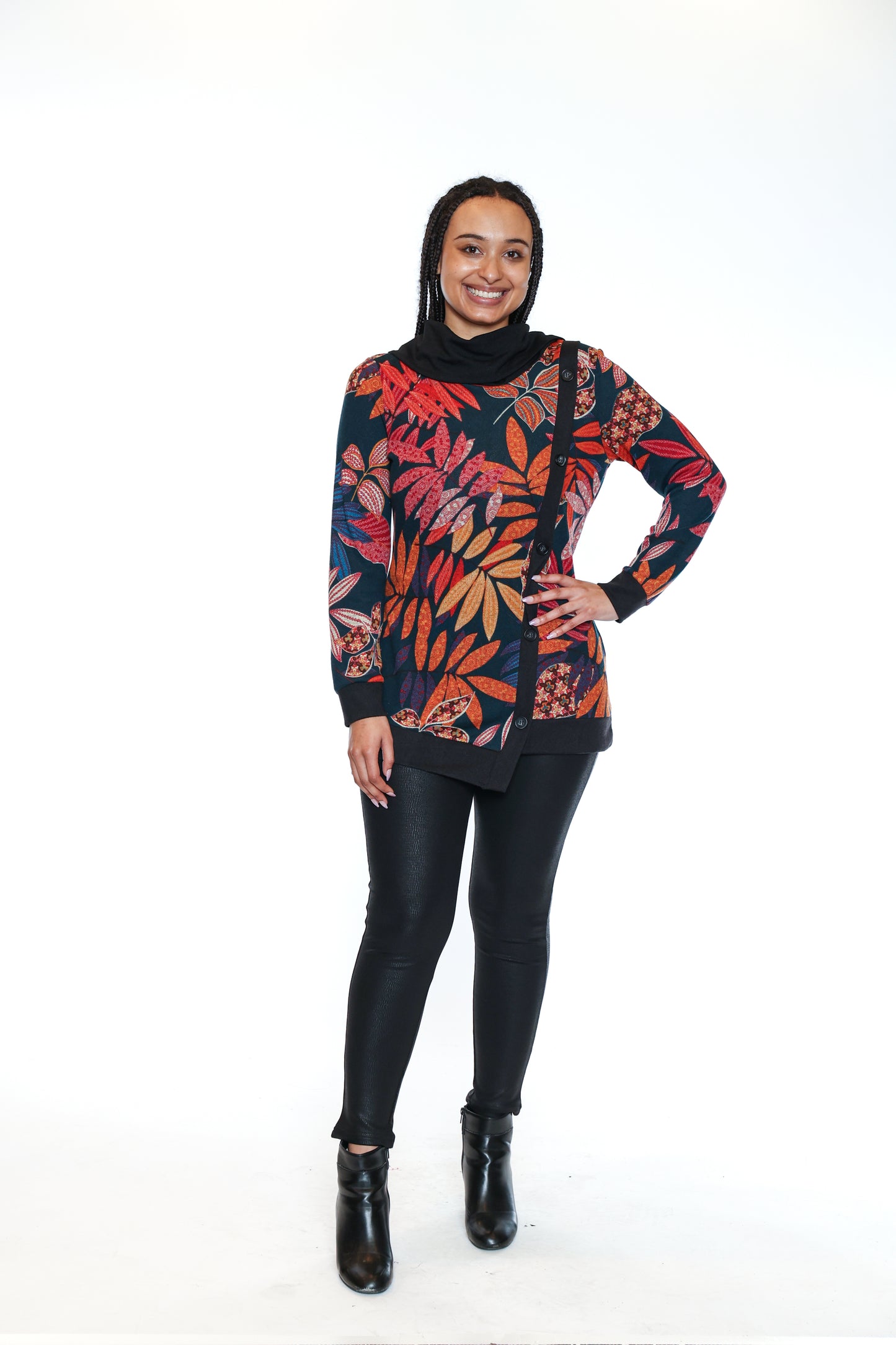 Papa Fashions Fall/Winter 2025-T5735-Brush Cowl Neck Tunic W/Button Detail-Navy - The Coach Pyramids