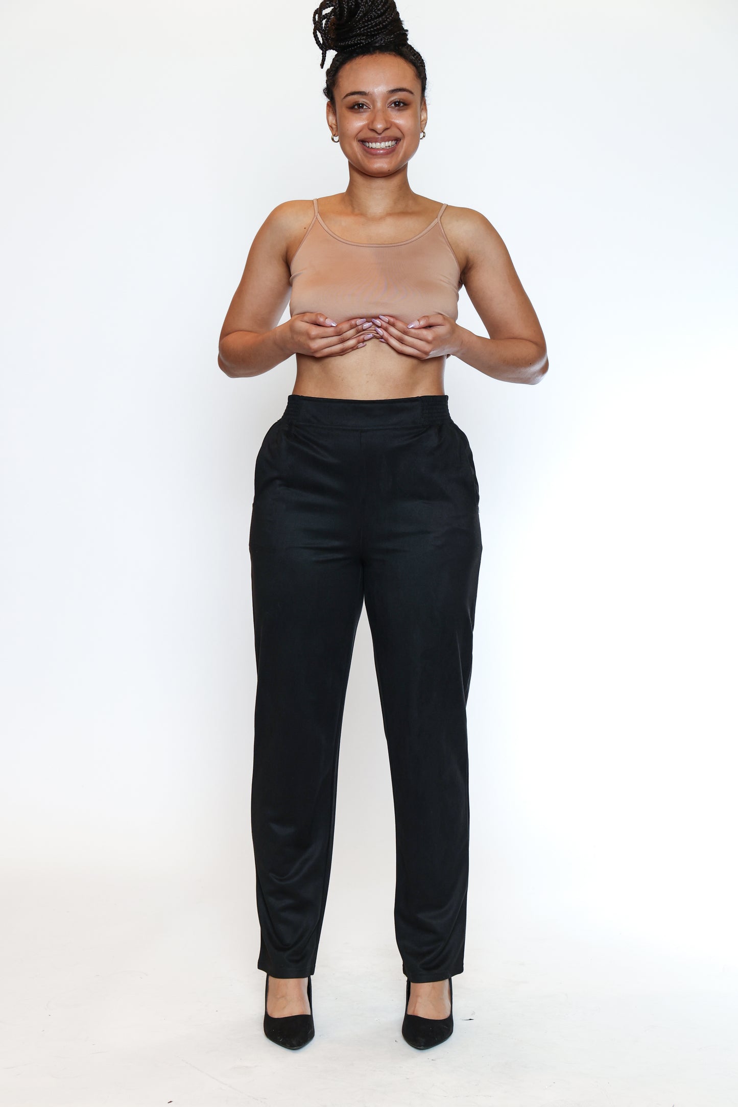 Papa Fashions Fall/Winter 2025-T5755-Faux Suede Elastic Waist Pant W/Pockets-Black - The Coach Pyramids