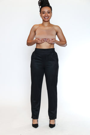 Papa Fashions Fall/Winter 2025-T5755-Faux Suede Elastic Waist Pant W/Pockets-Black - The Coach Pyramids