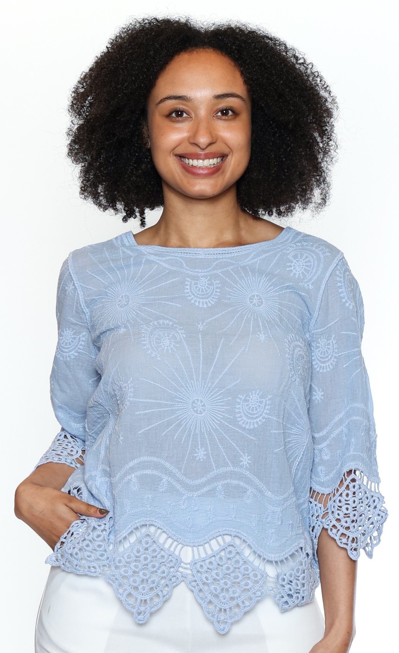 Papa Fashions-T6002-Embroidered Detail Blouse-Blue - The Coach Pyramids
