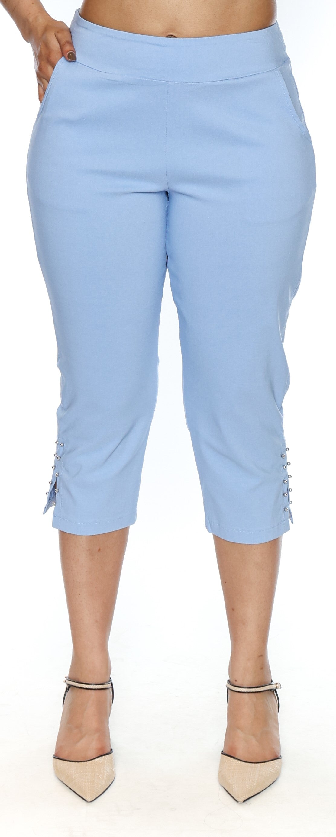 Papa Fashions-T6097-Pull On Stretch Capri-Light Blue - The Coach Pyramids