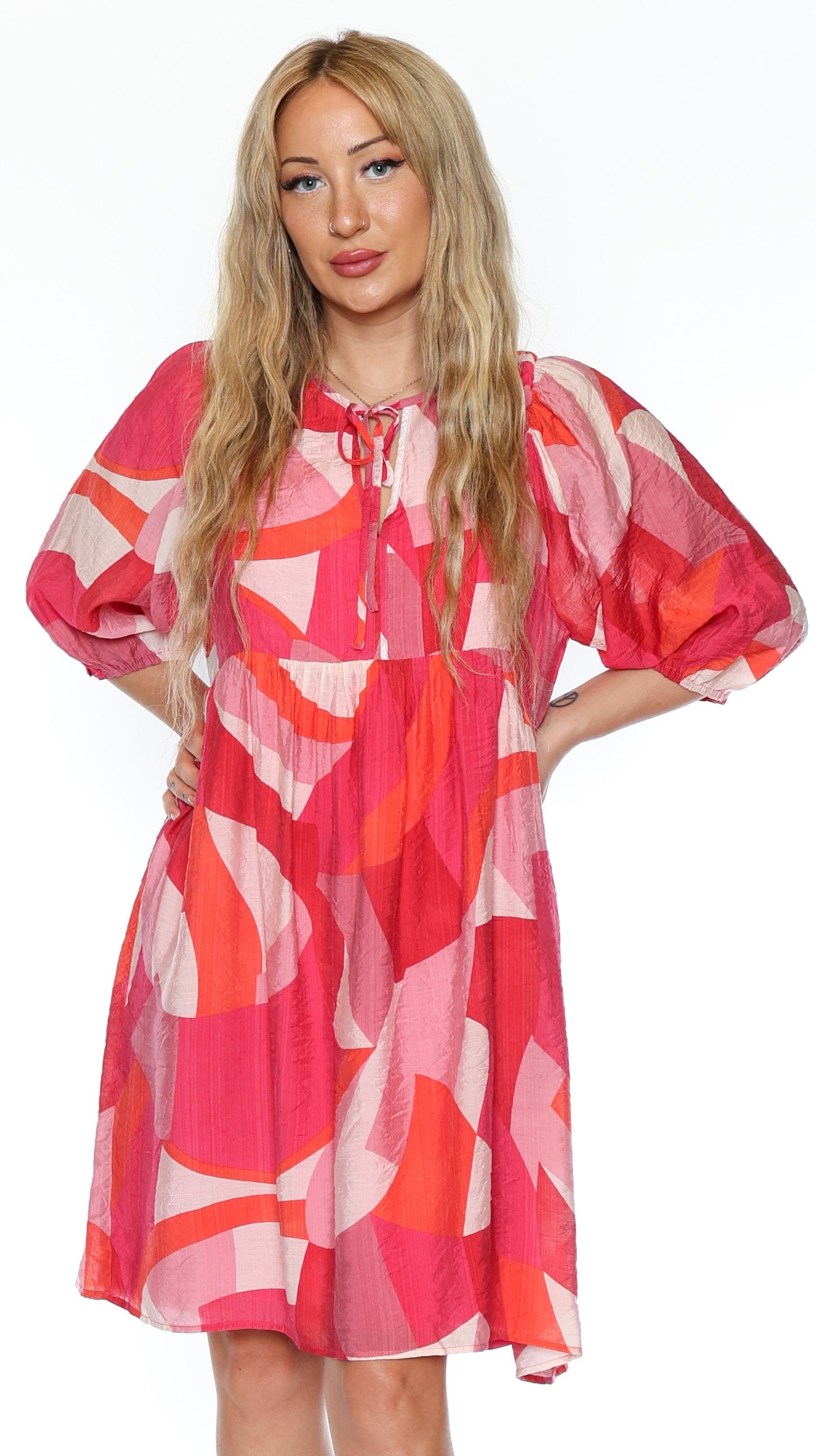 Papa Fashions-T6115-Printed Dress W/Front Tie-Magenta - The Coach Pyramids