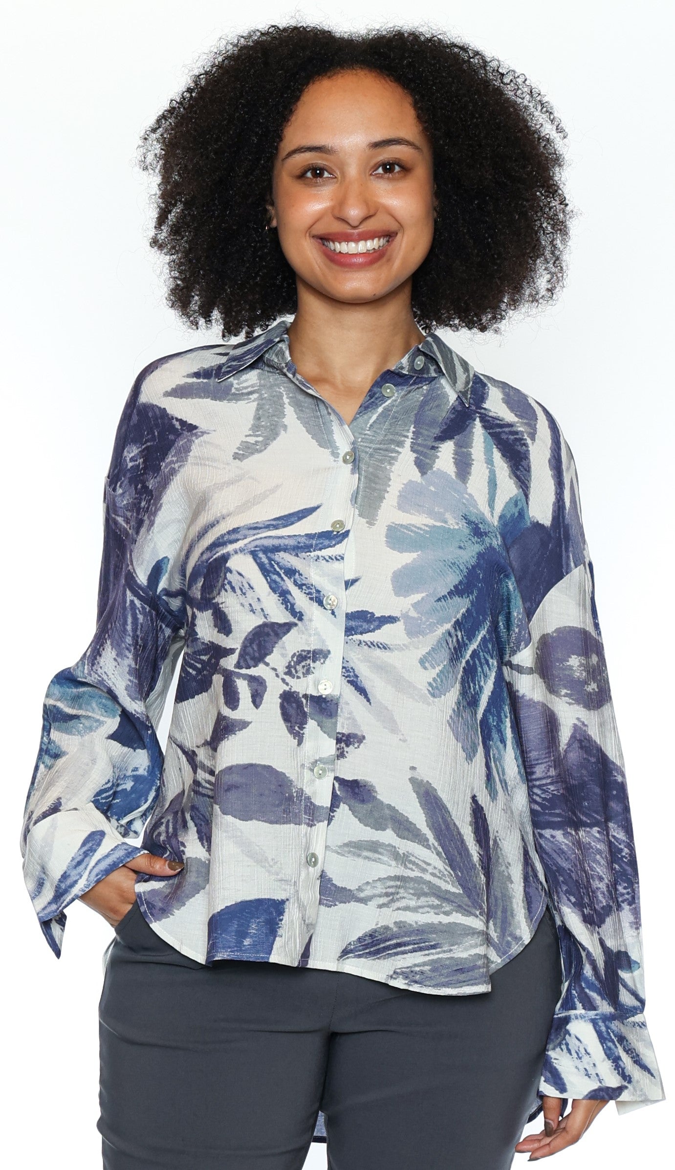 Papa Fashions-T6130-Printed Button Up Blouse-Blue - The Coach Pyramids