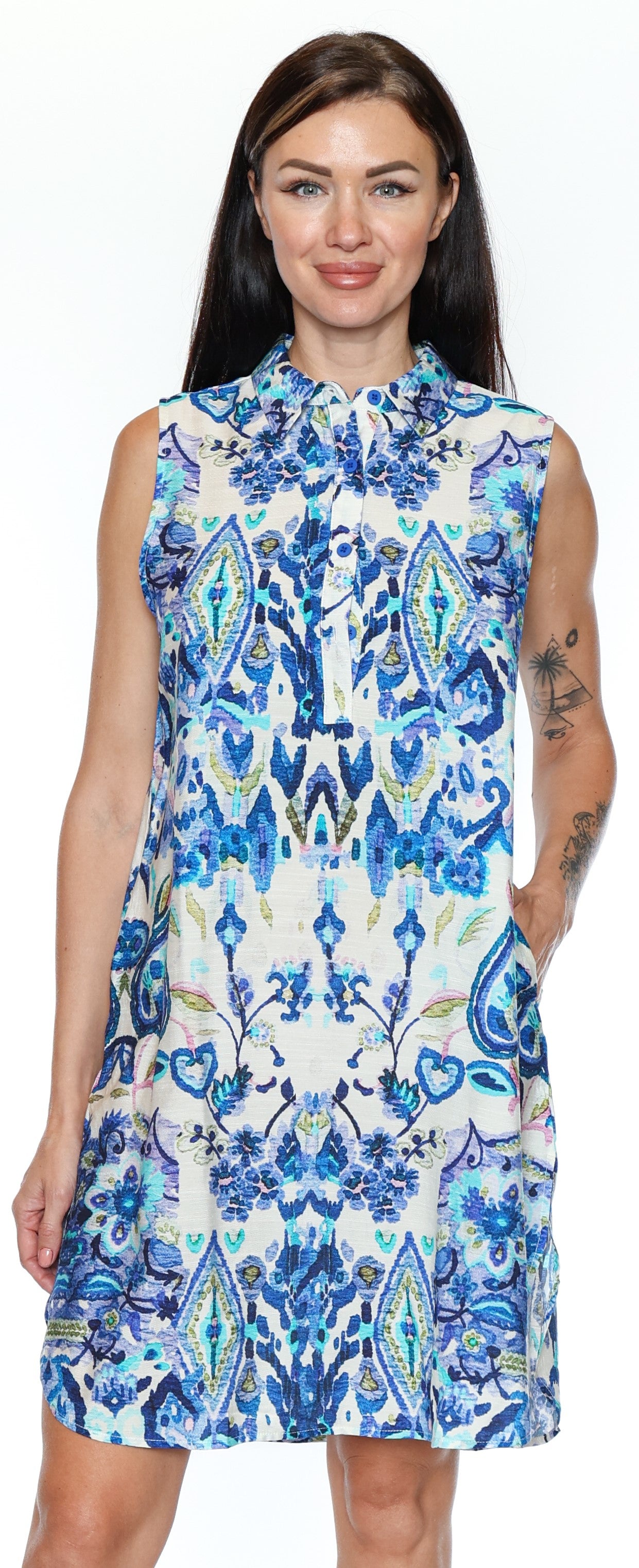 Papa Fashions-T6144-Printed Tank Dress-Blue - The Coach Pyramids