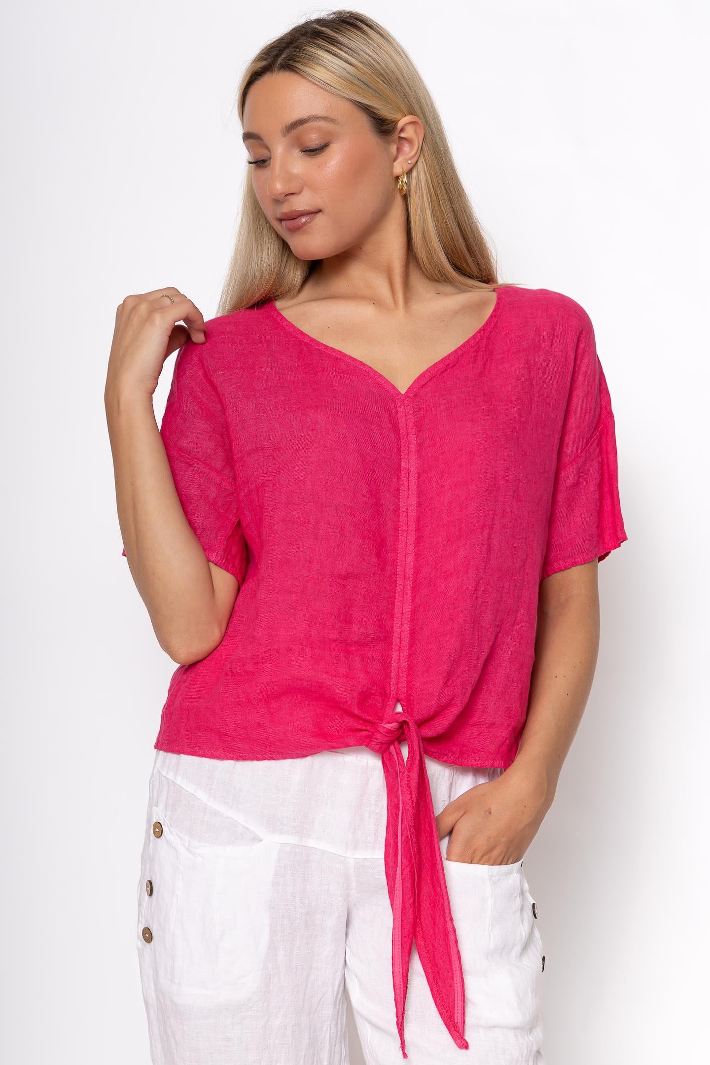 Linen Luv Spring/Summer 2025-TP1507-43-French Linen Blouse-Fuxia - The Coach Pyramids