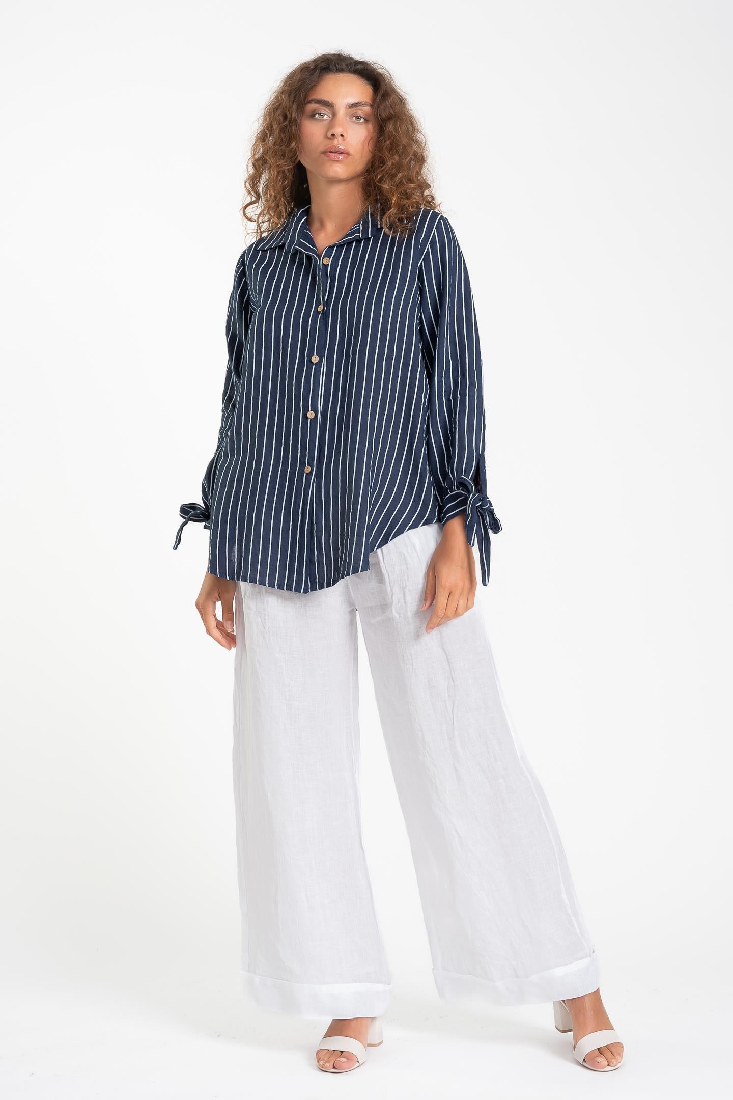 Linen Luv Spring/Summer 2025-TP1600-17-French Linen Shirt-Blue Stripe - The Coach Pyramids