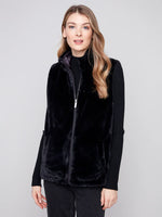 Charlie B Fall/Winter 2025-C6374P-666A-Printed Reversible Quilted Faux Fur Nylon Vest-Black
